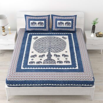 Jaipuri Printed 100% Pure Cotton Double Bedsheet With Two Pillow Cover (Blue)