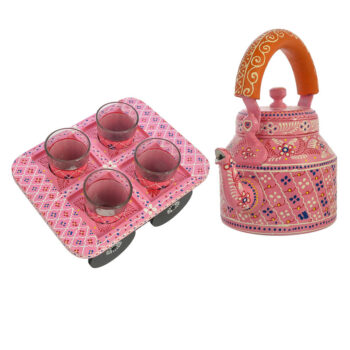 Pink Hand-Painted Aluminium Tea Kettle Set with 4 Glass Tea Cups and Wooden Cart | Elegant Handcrafted Serveware