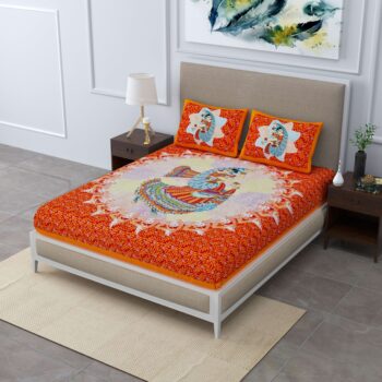 Orange-Colored 100% Cotton Jaipuri Traditional Double Bedsheet With Two Pillow Covers.?