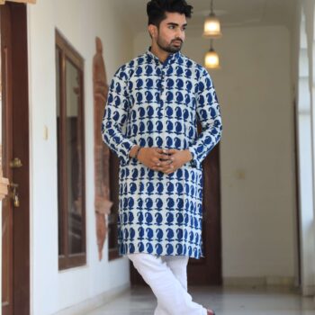 Men's White and Blue Printed Cotton Kurta Pyjama Set | Traditional Festive & Wedding Wear