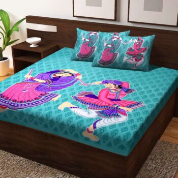 Jaipuri Printed Double Bedsheet With Two Pillow Cover Featuring A Traditional Rajasthani Dandiya Dance Design (Teal-Blue)